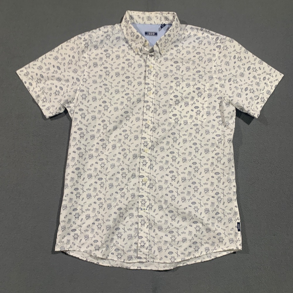IZOD Mens Large White Blue Tailgating BBQ Novelty Print Short Sleeve Button Down